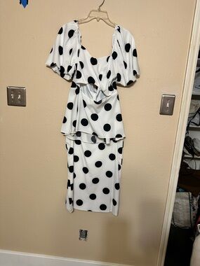 White Polka Dot Two-Piece Dress Set. MEXICAN DESIGNER: Fernanda del Callejo